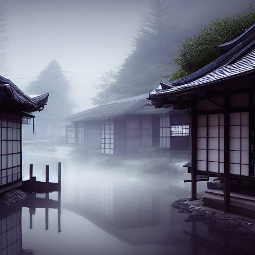 Misty Japanese Village: Dramatic Digital Matte Painting