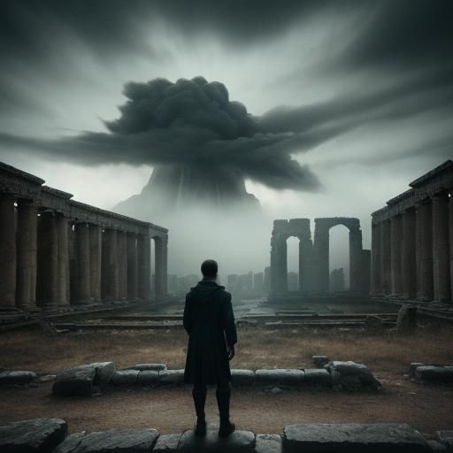 Geologist Among Ancient Ruins in Cinematic Style