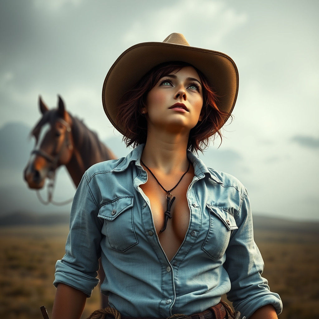 Auburn Haired Cowgirl Gazing Skyward as Digital Art
