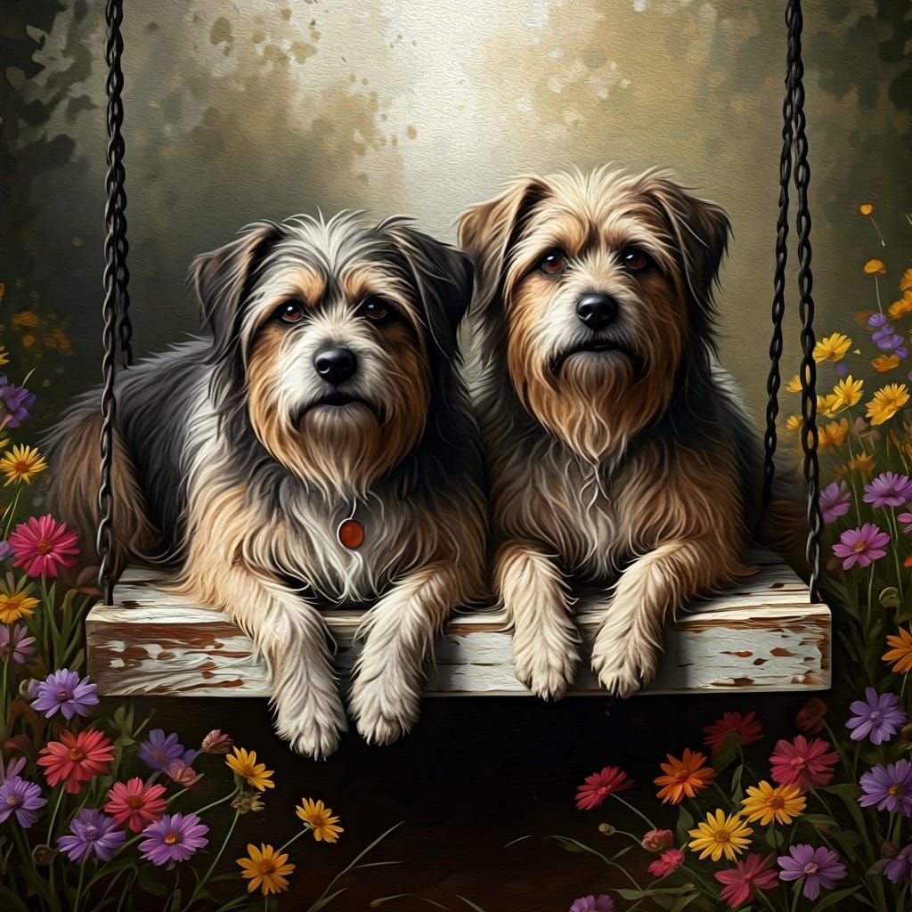 Dogs on Swing in Somber, Textured Oil Painting