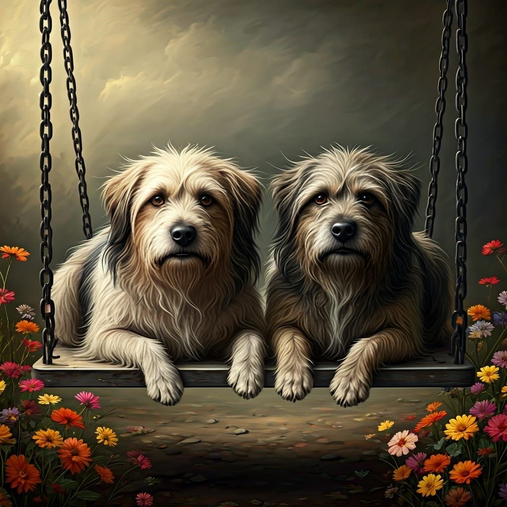 Dogs on Swing in Rembrandt-esque Style