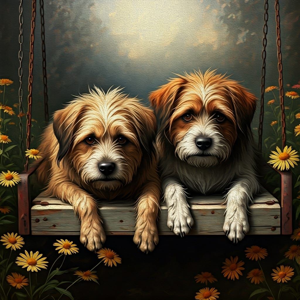 Melancholic Dogs on Swing in Rembrandt Style