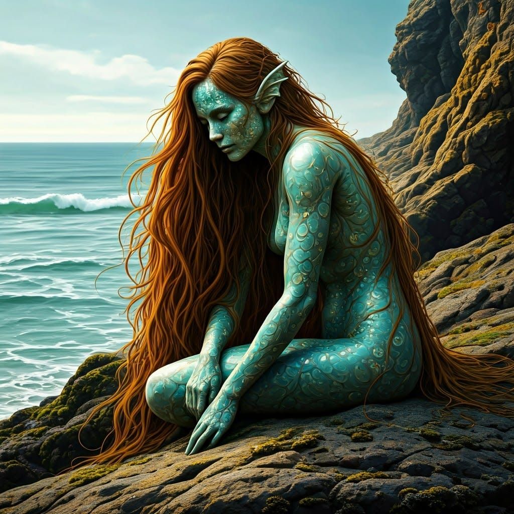 Coastal Siren with Sea Glass Skin and Seaweed Hair