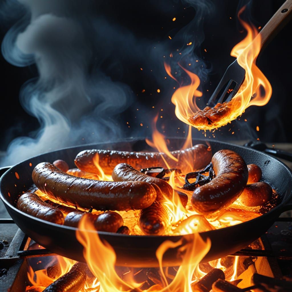 Anime-Style Sausages Burning in Frying Pan