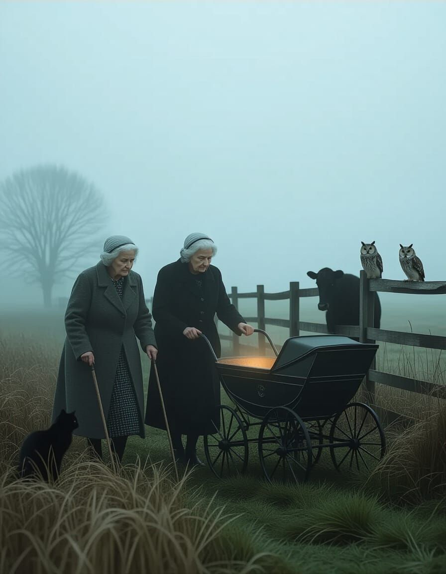 Eerie Foggy Field Scene With Elderly Women and Glowing Carri...