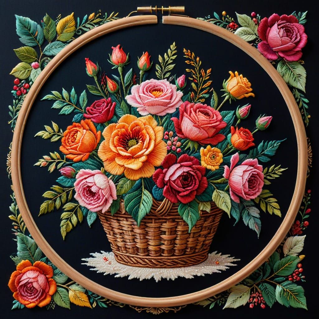 Vibrant Rose Basket Cross Stitch Art