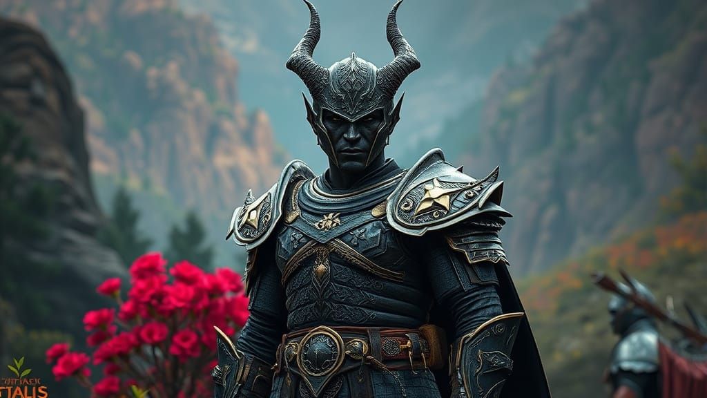 Dark-Skinned Dragonborn Warrior in High-Fantasy Landscape