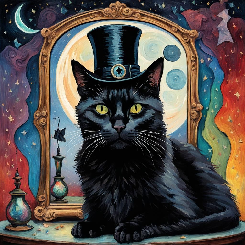 Mysterious Black Cat Under Crescent Moon: Gothic Illustratio...