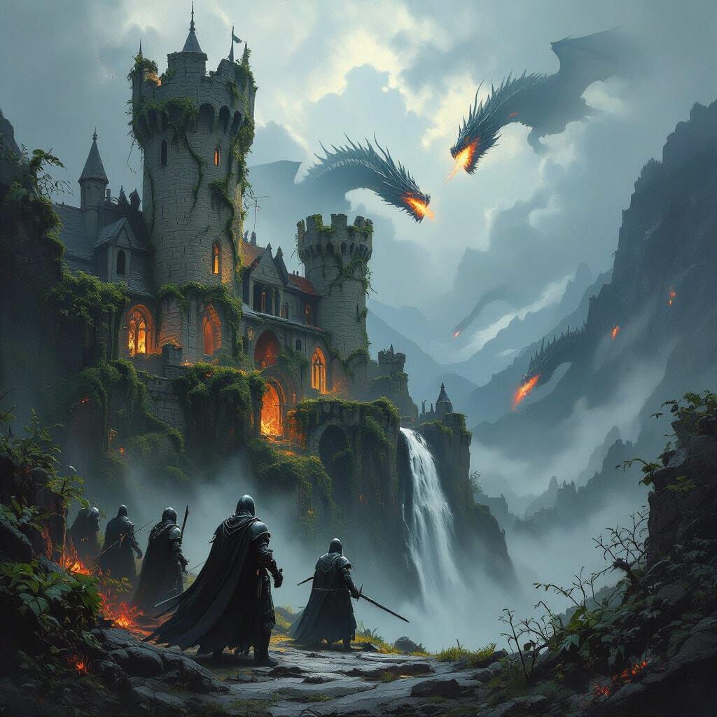 Knights Battle Dragons at Haunted Castle in Stormy Skies