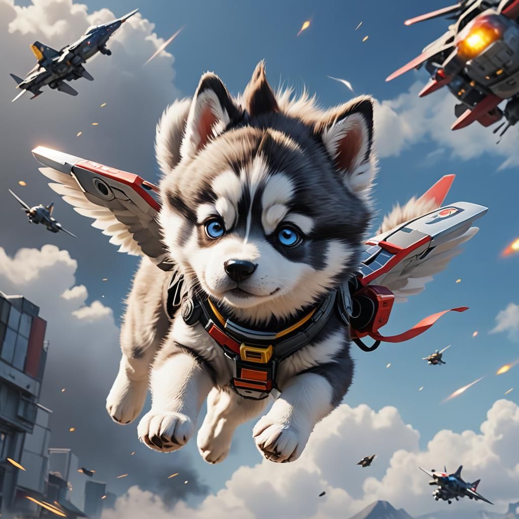 Husky Puppy Flying Fighter Jet in 3D Anime Style