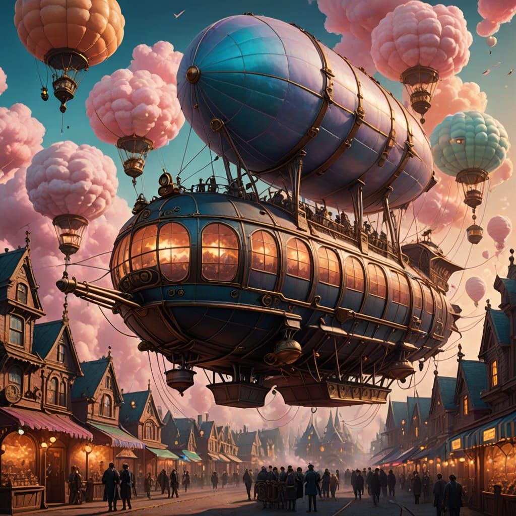 Steampunk Cotton Candy Airship in Golden Hour Lighting