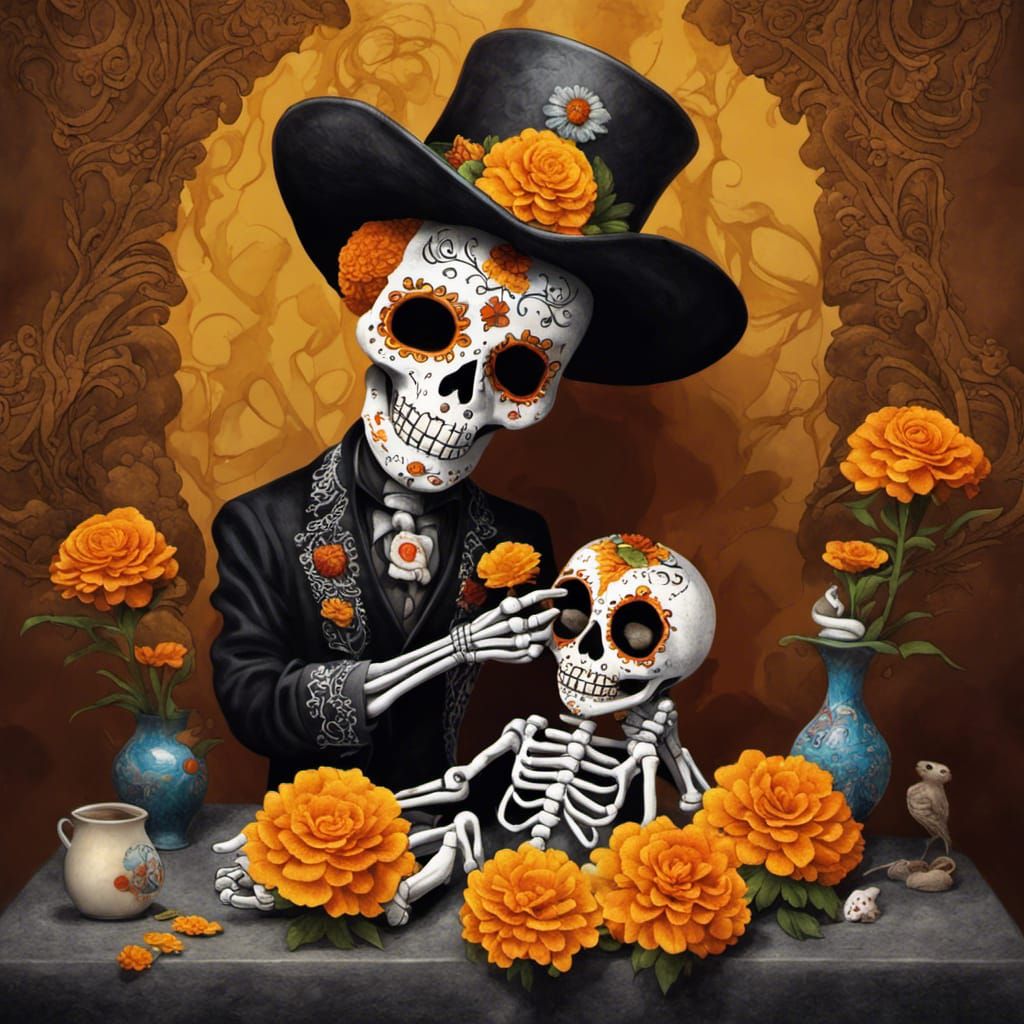 Intricately detailed , day of the dead sugar skull with a baby mouse dressed as a skeleton making an offering of a marig...