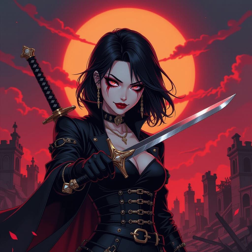 Emo Villainess with Dagger Under Red Eclipse Sky