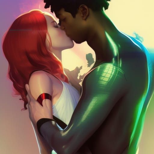 Miles Morales and Gwen Stacy Kissing Portrait