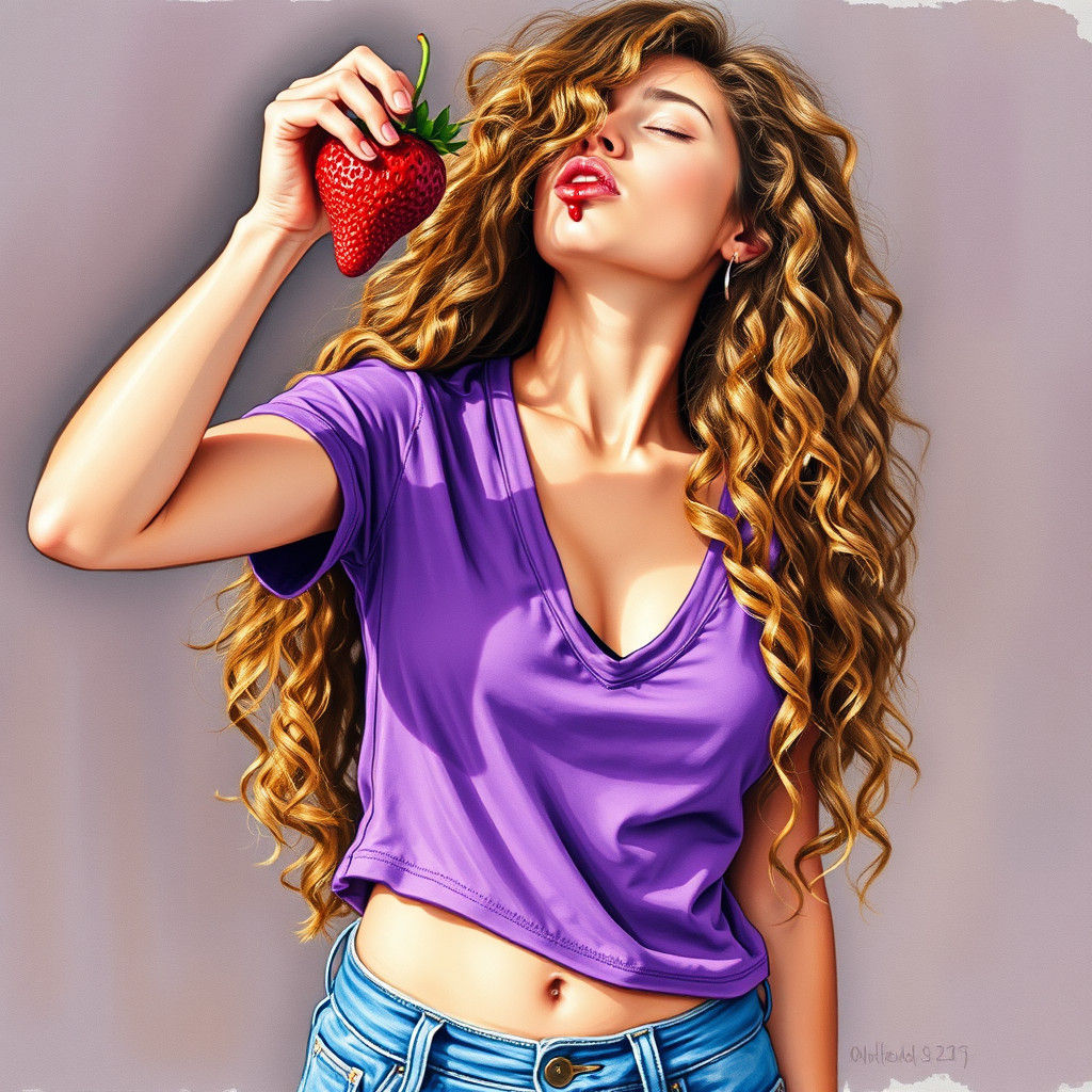 Woman with Strawberry, Alcohol Ink and Oil Paint Style