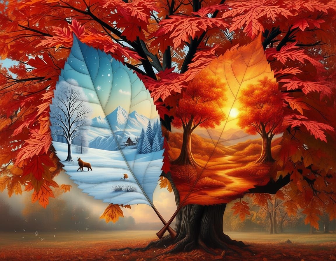 Autumn Tree With Dual Season Landscapes on Leaves