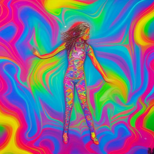 girl standing in front of a matrix of rippling crsytal dimen...