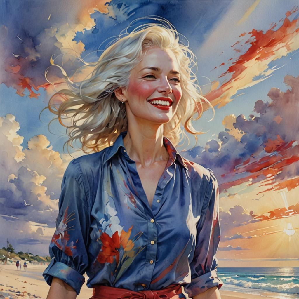 "Watercolor -- beautiful lady with medium length platinum hair blowing in the wind, and a blue blouse...