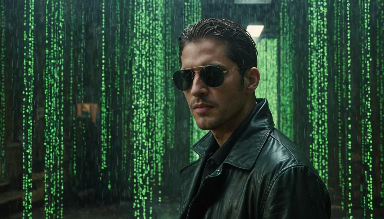 Mysterious Figure Decoding Digital Matrix in Cinematic Shot