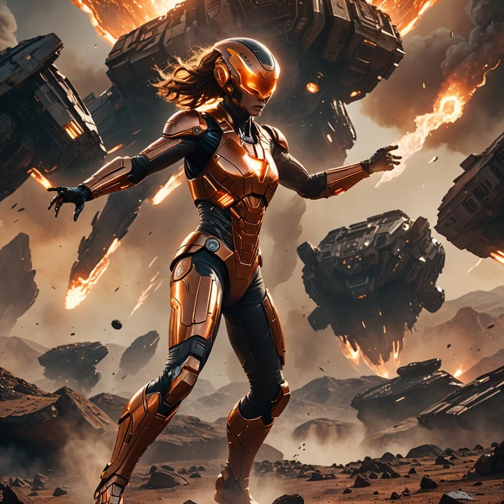 Female Superhero Radiating Energy in Sci-Fi Scene