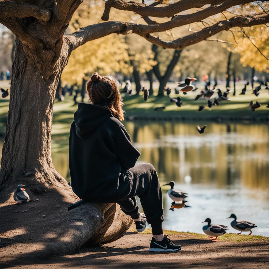 Woman in Hoodie Watching Ducks in Park