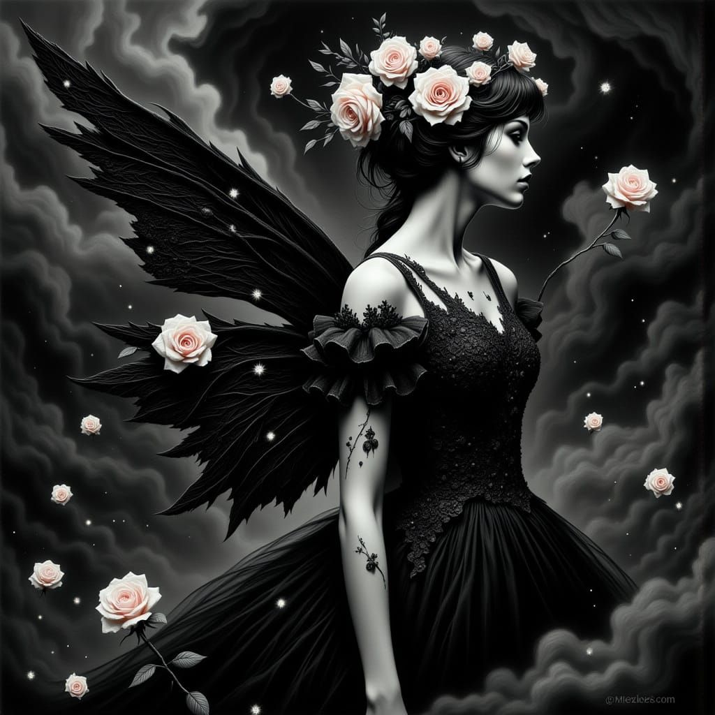 Dark Fairy in Gothic Attire with Pastel Roses