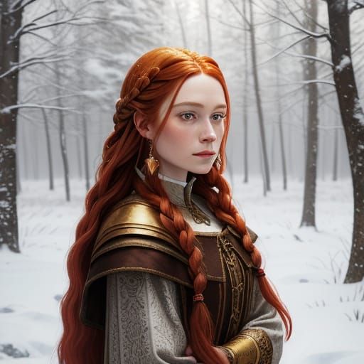 Medieval Fantasy Portrait with Braided Red Hair and Snowy Ba...