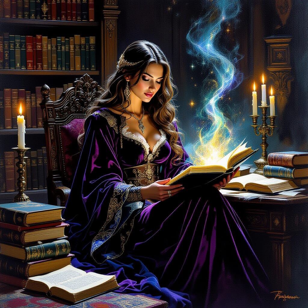 Mystical Mage in Candlelit Study, Fantasy Oil Painting