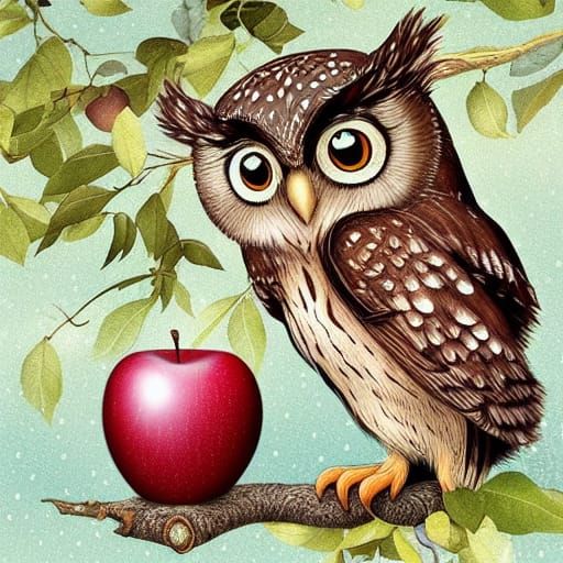 Whimsical Owl with Apple: Storybook Illustration