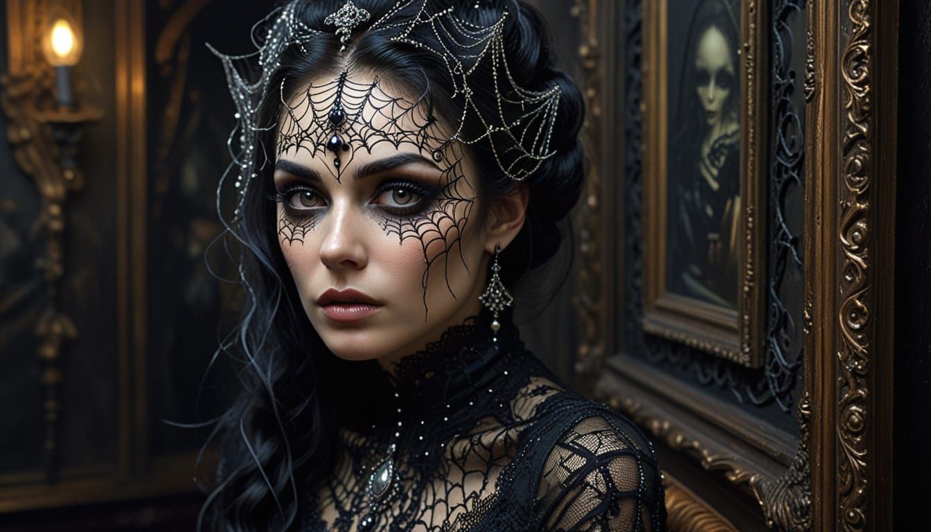 Gothic Glamour Woman with Spiderweb Lace in Ethereal Oil Pai...