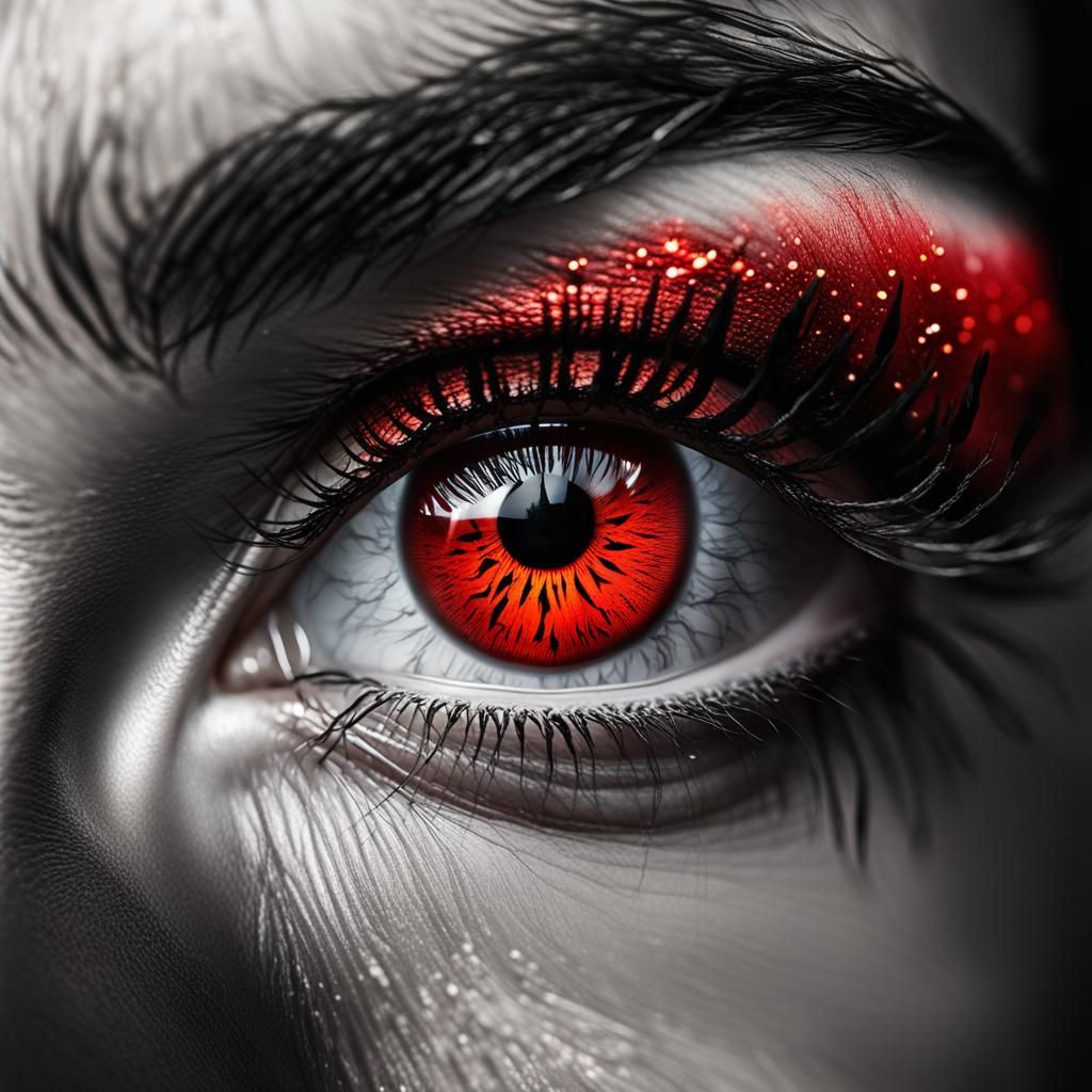 Magical Red Eye Close-up in Monochromatic Style