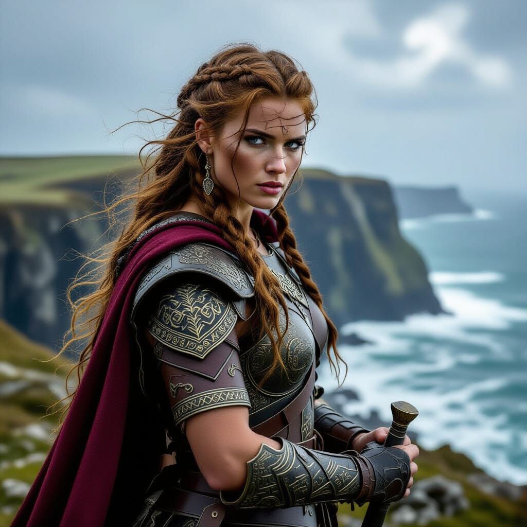 Celtic Warrior Queen on Windswept Cliff in Fantasy Art Style