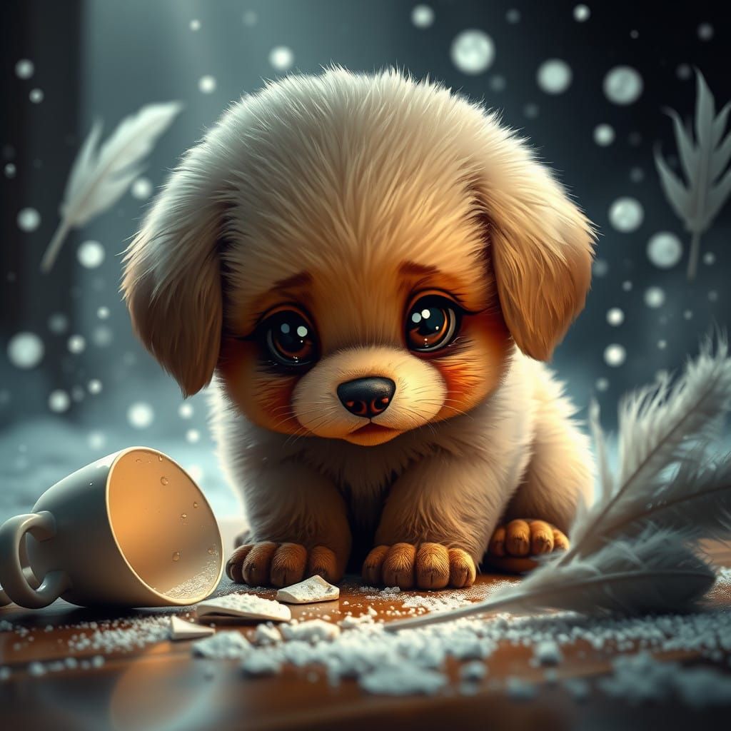 Sad Puppy amidst Whispering Snowflakes in a Whimsical Atmosp...