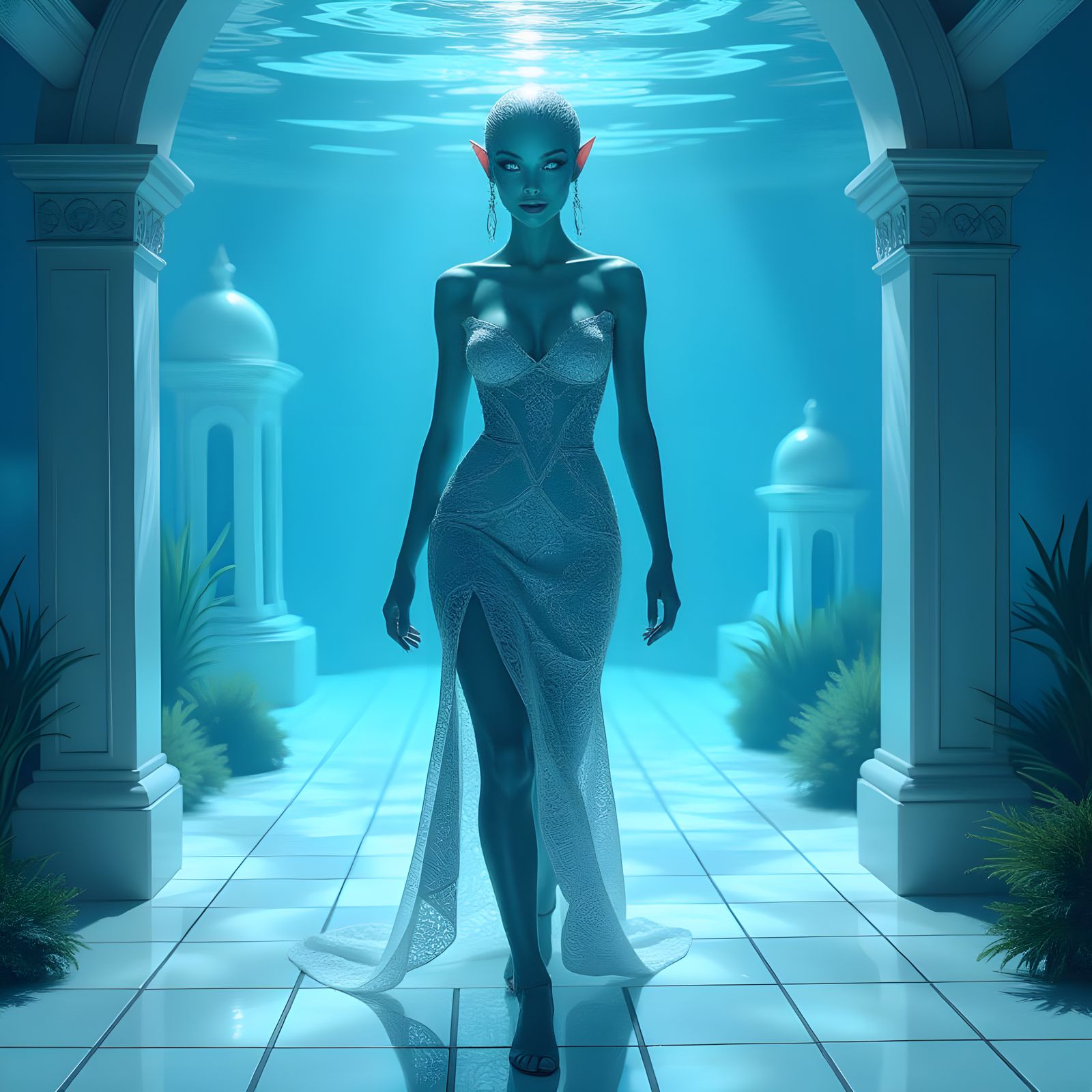 Eel-Skinned Alien Woman in Lace Dress Underwater