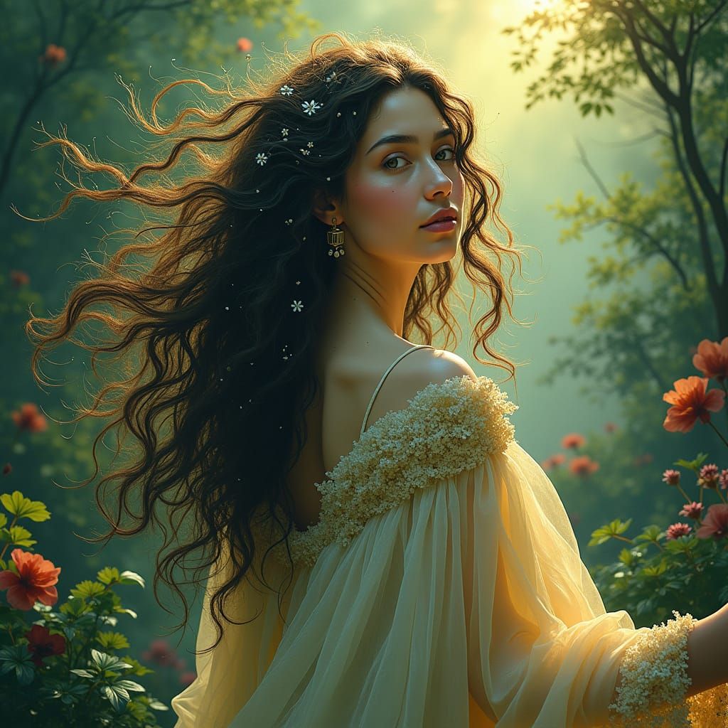 Ethereal Woman Embodies Divine Feminine in Surreal Landscape