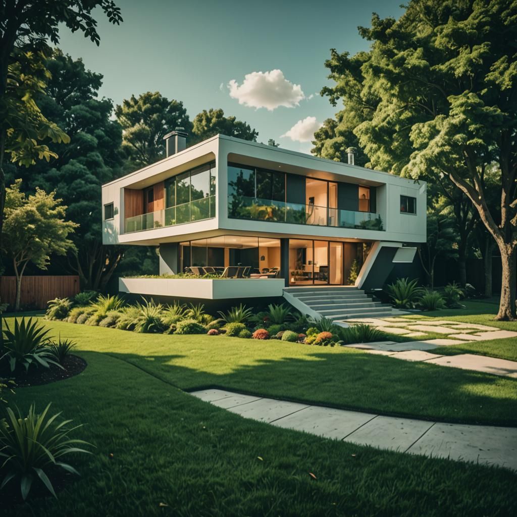 Futuristic Split-Level Home with Lush Lawn