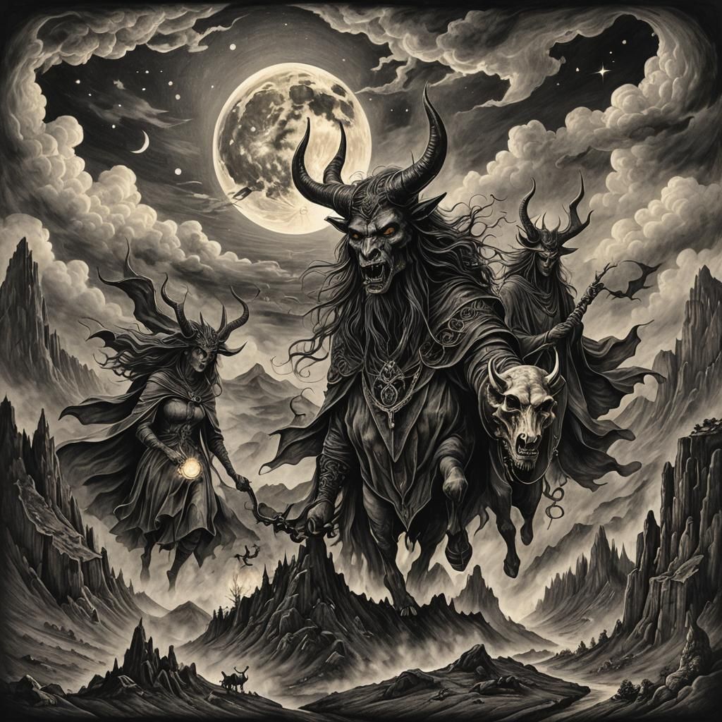 Witches Fly to Bare Mountain: Charcoal Drawing