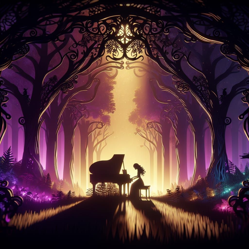 Silhouette Girl Plays Piano in Dark Forest