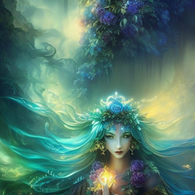 Ornate Summer Witch Portrait in Detailed Watercolor