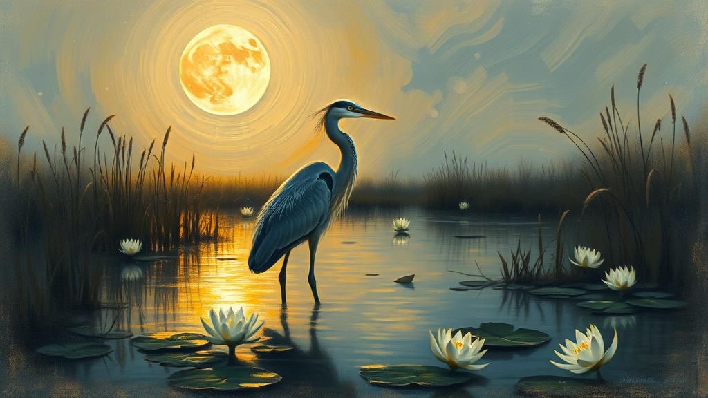 Mystical Heron in Moonlit Swamp: Impressionist Painting