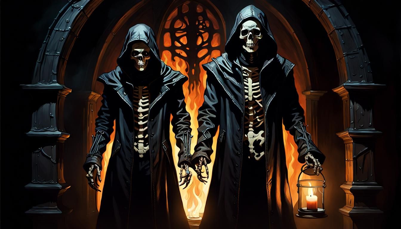 Eerie Skeletal Figures in Gothic Chamber