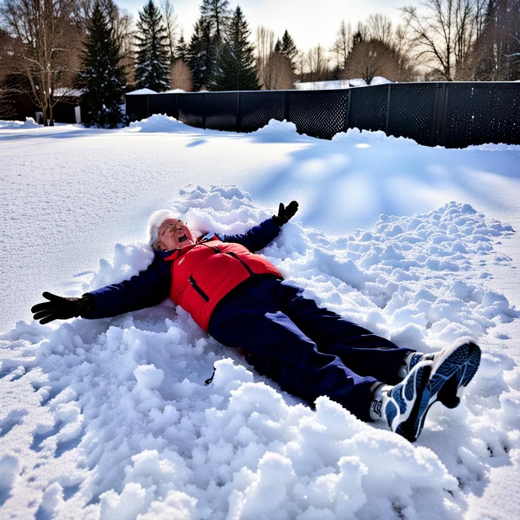 Humorous Scene of Grandma Making Snow Angels