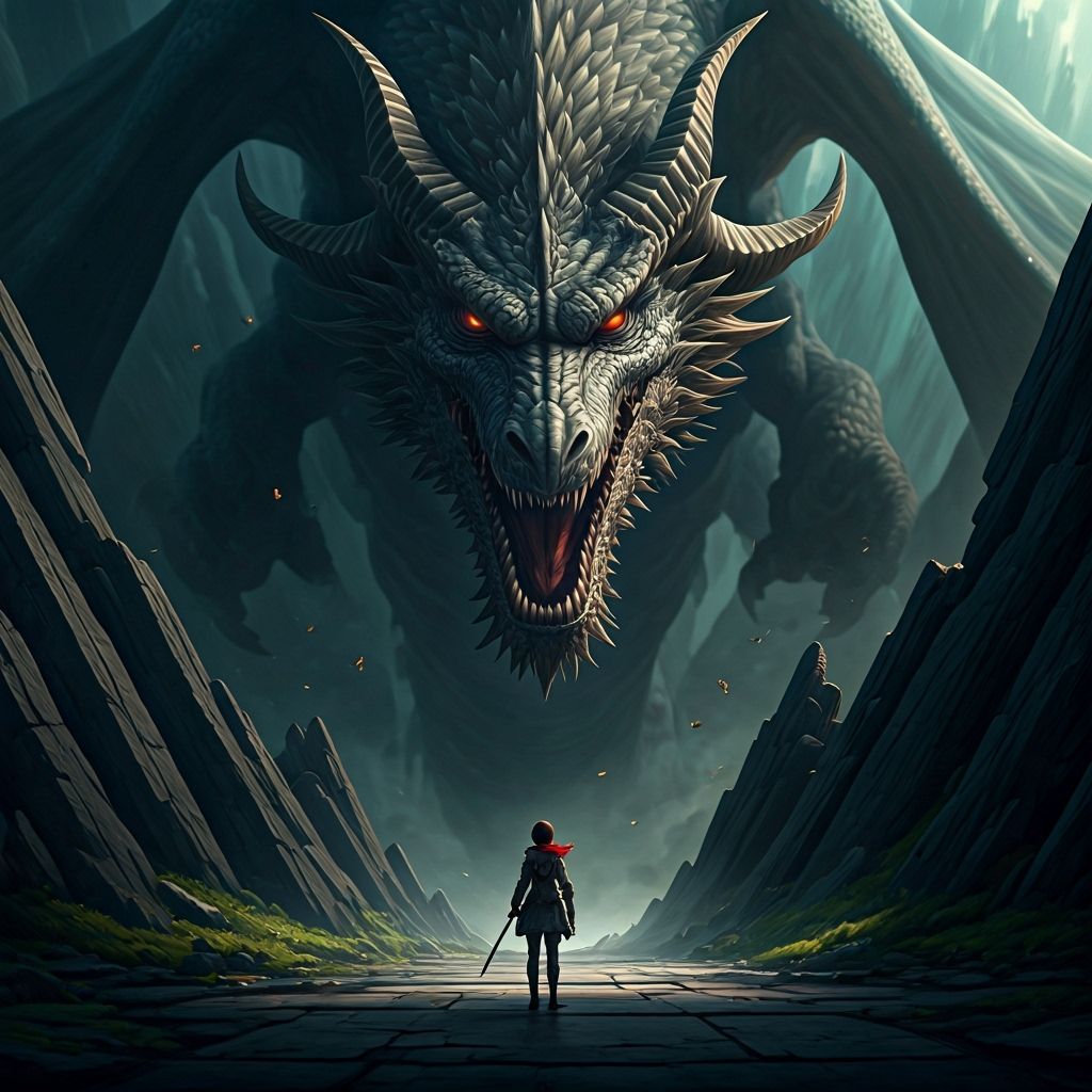 Adventurer Faces Giant Dragon in 3D Anime Art