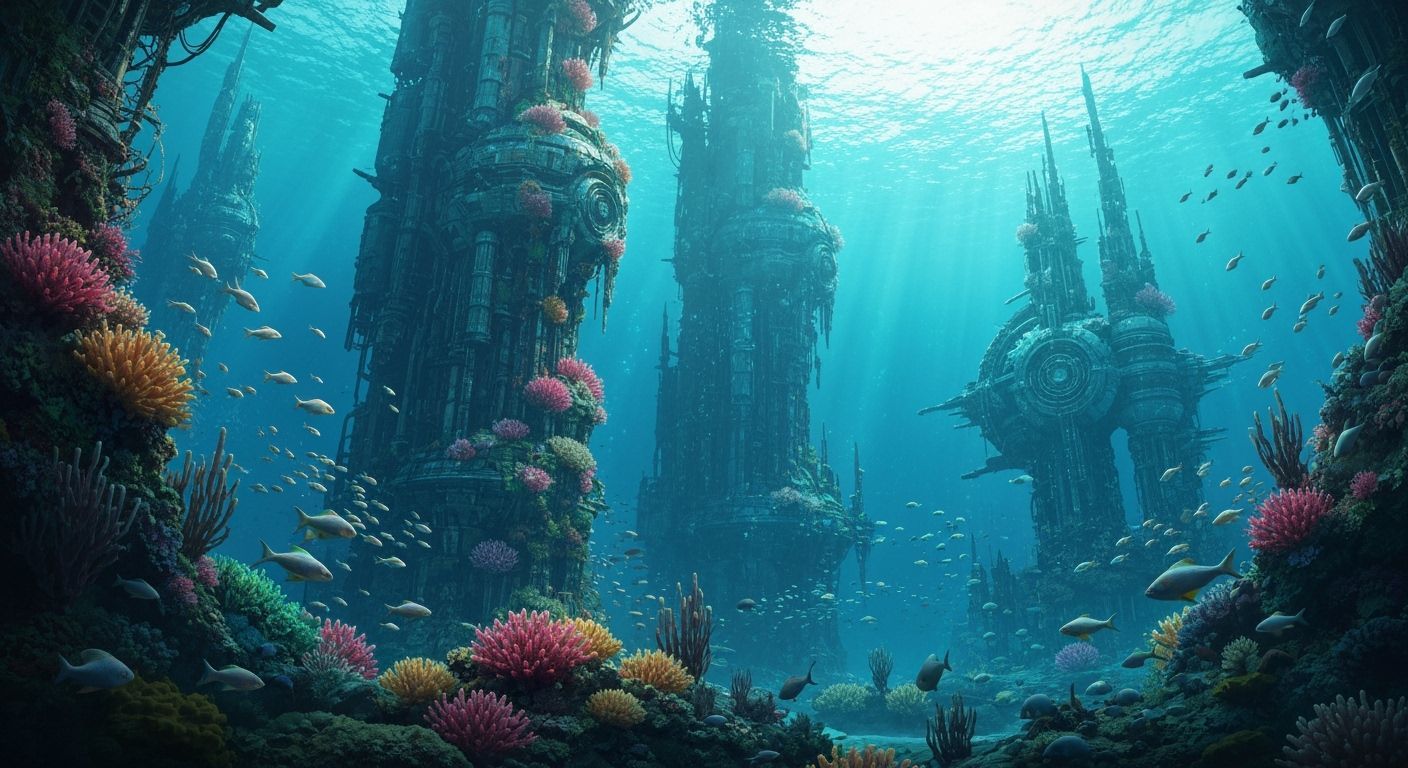 Submerged Futuristic City Ruins in Bioluminescent Light