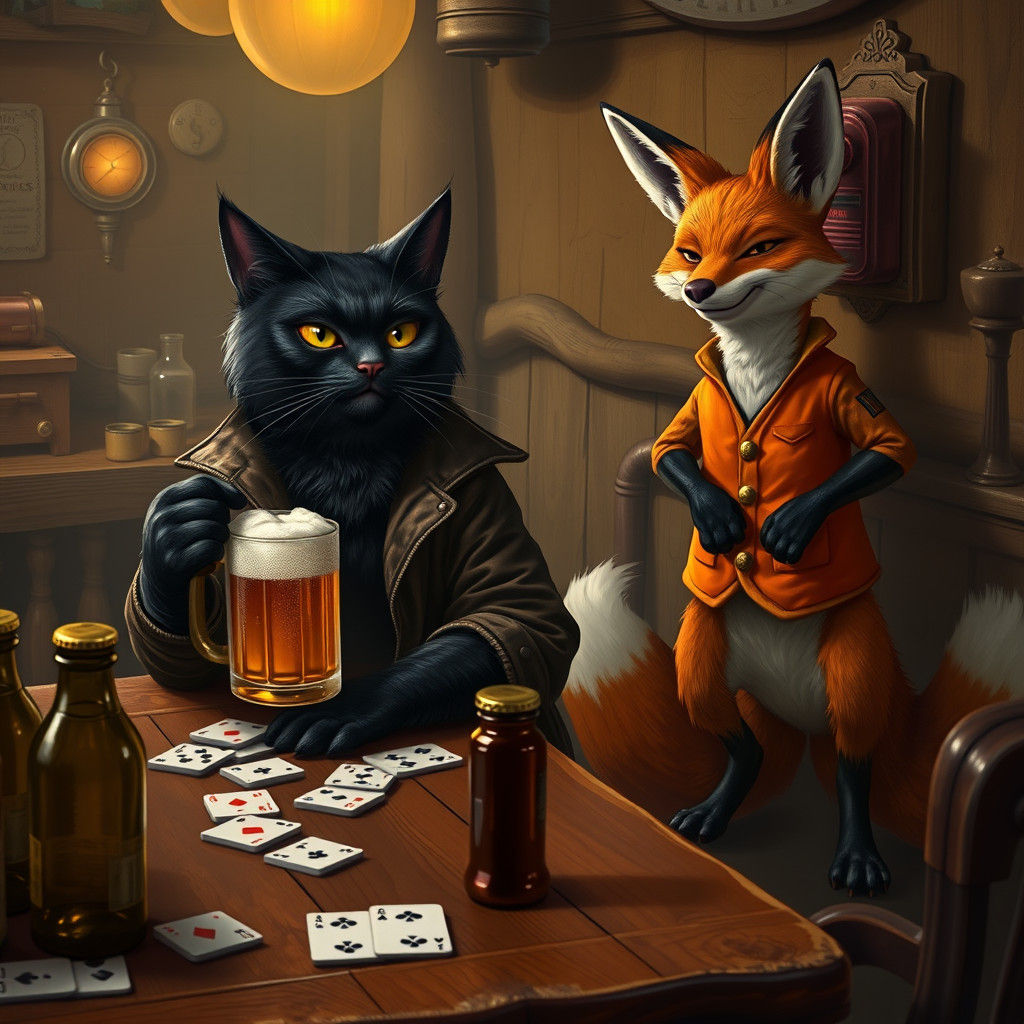 Cat and Fox Tavern Mischief in Fantasy Style
