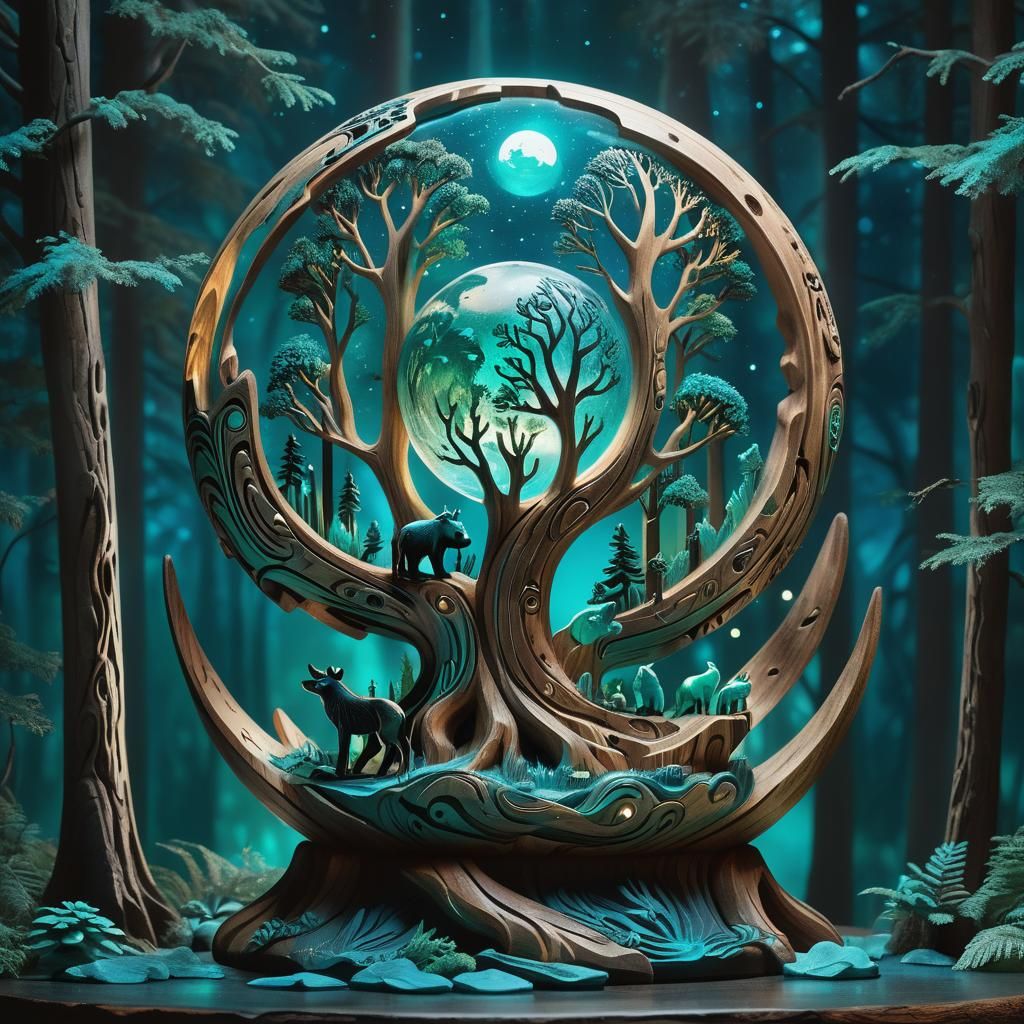 Mystical Wooden Totem with Galaxy Orb