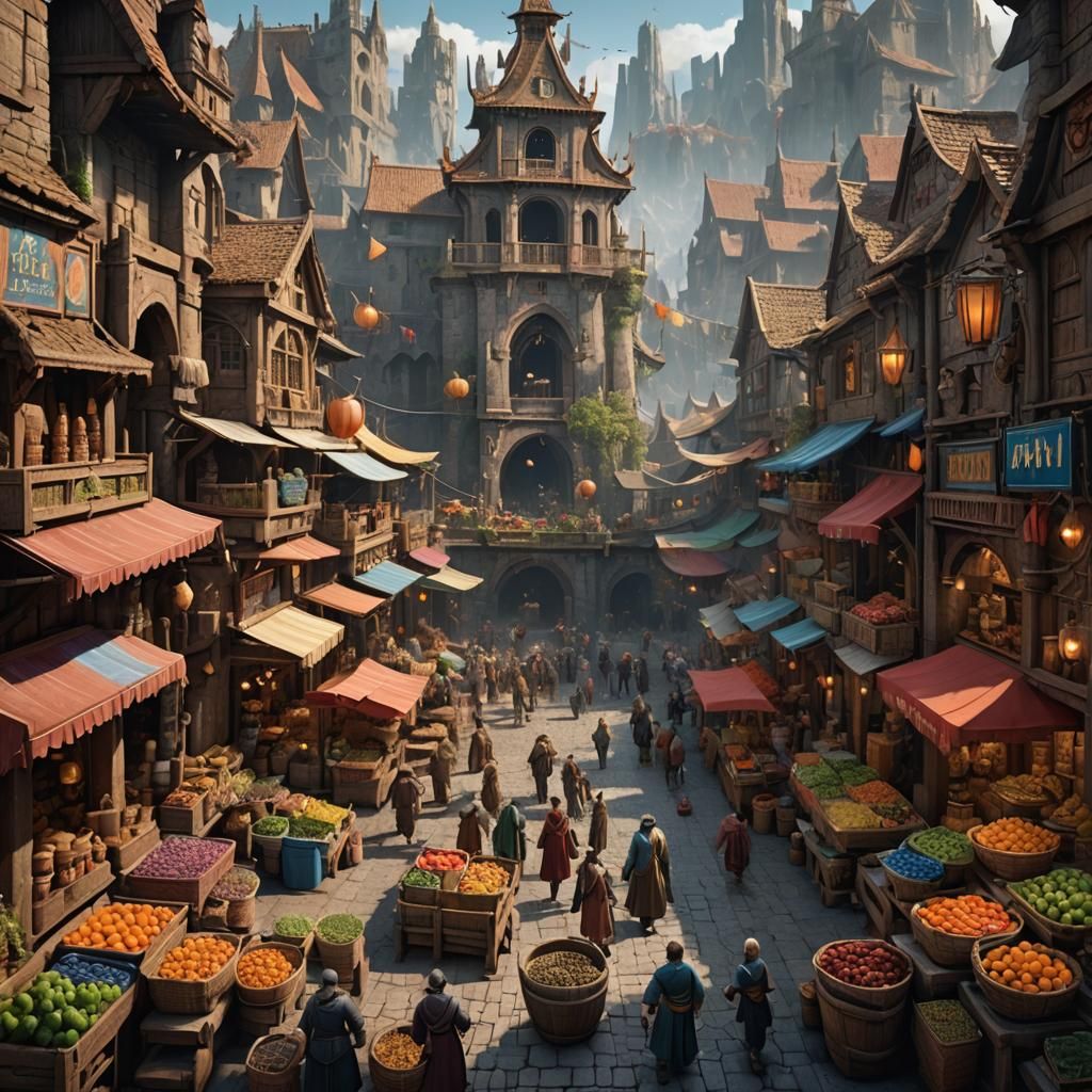 Fantastical Market in Detailed Matte Painting Style