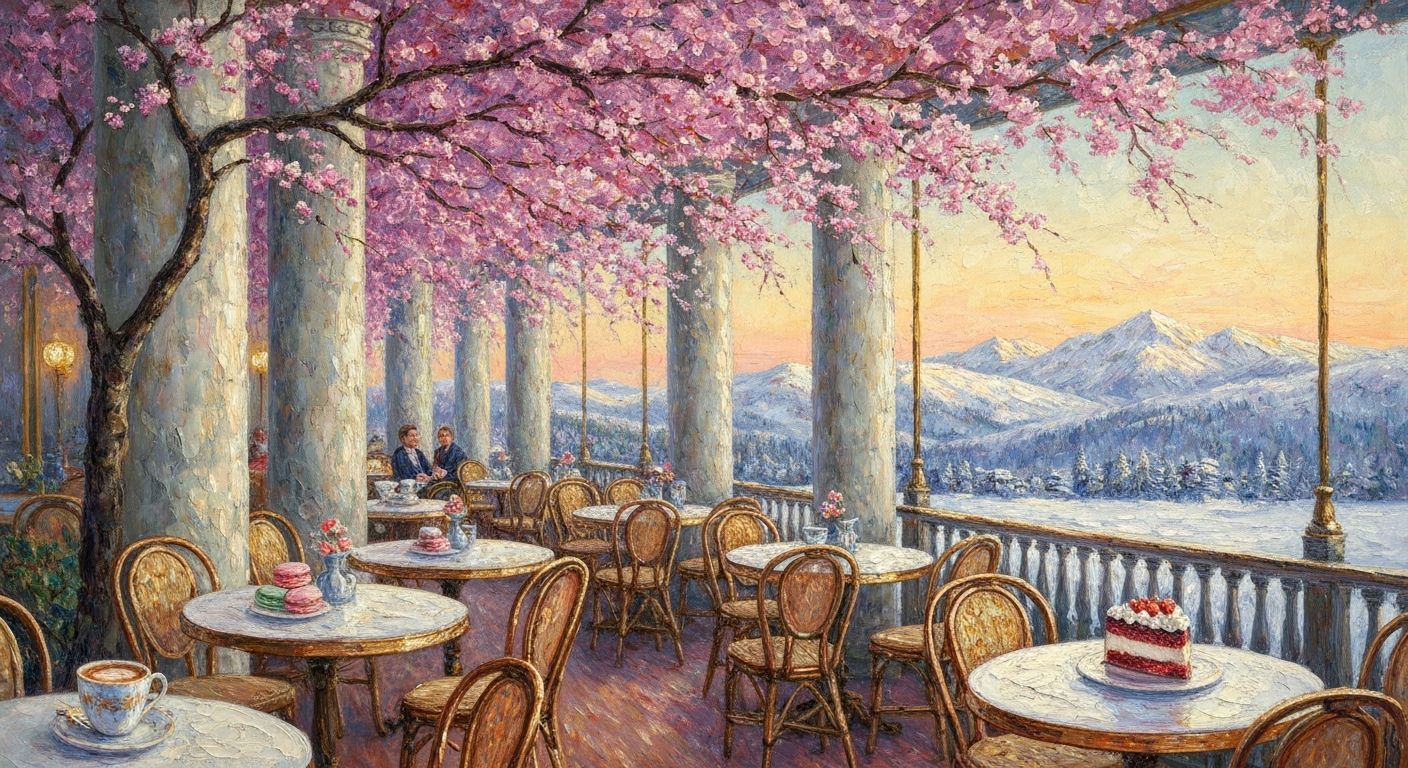 Ethereal Sunset Cafe Under Cherry Blossoms