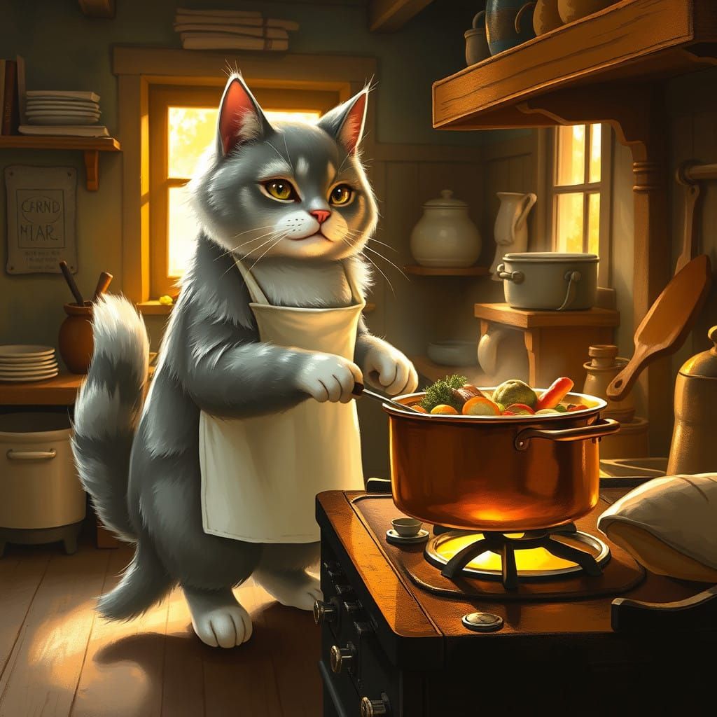 Whimsical Cat Chef in Rustic Kitchen