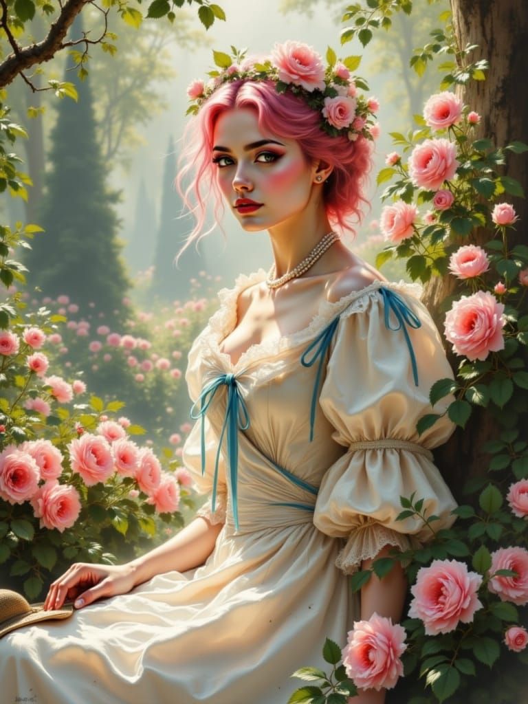 Elegant Noblewoman in Soft Pastel Hues, Rococo Masterpiece